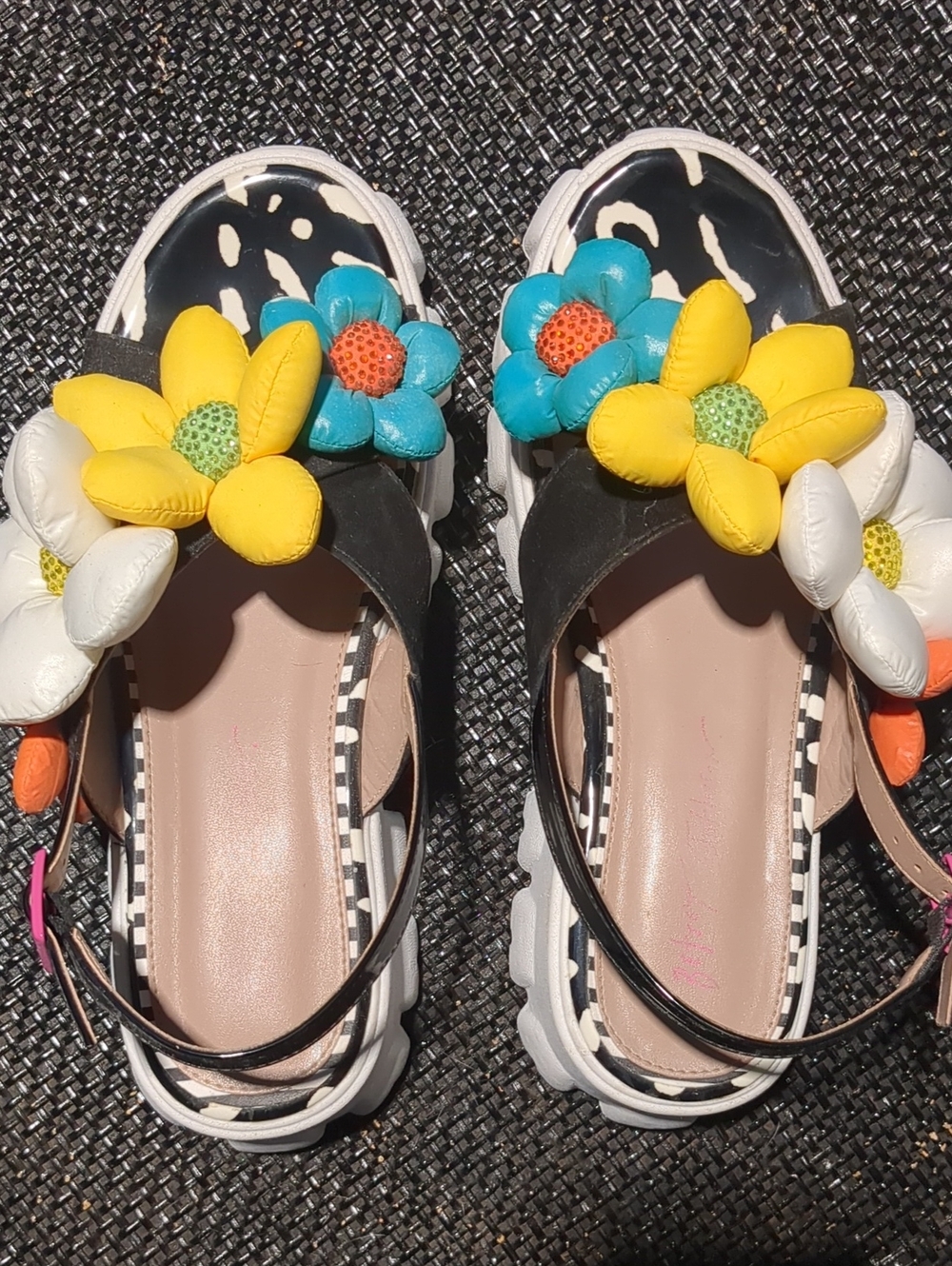 Betsey Johnson Black Sandals with Yellow, White, Blue & Orange Floral Accents